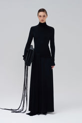 Turtleneck Maxi Dress With Draped Waist Detail And Sleek Long Sleeve Silhouette